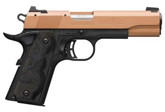 Picture of  Browning 051895490 1911 Black Label Full Size Frame 22 LR 10+1, 4.25" Matte Stainless Steel Barrel, Copper Cerakote Serrated Slide, Matte Black Polymer Frame W/Beavertail, Black Laminate Wood Grip 023614857600