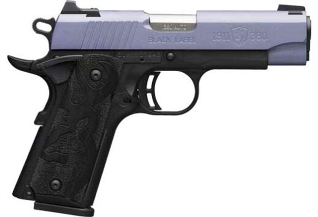 Picture of  Browning 051986492 1911 Black Label Compact Frame 380 Acp 8+1 3.63" Matte Stainless Steel Barrel, Crushed Orchid Cerakote Serrated Stainless Steel Slide, Matte Black Polymer Frame, Black Polymer Grip