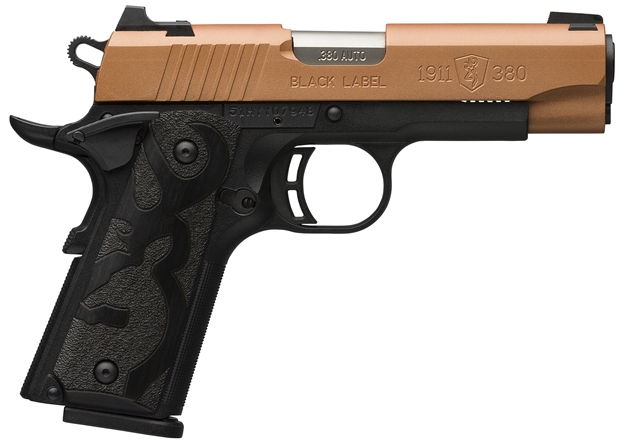 Picture of  Browning 051988492 1911 Black Label Compact Frame 380 Acp 8+1 3.63" Matte Stainless Steel Barrel, Copper Cerakote Serrated Stainless Steel Slide, Matte Black Polymer Frame, Black Polymer Grip 023614857679