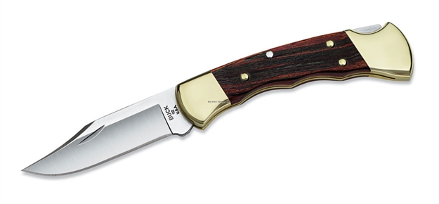 Picture of Buck Knives Ranger Folding Lock Back Knife, 3" 420 HC Clip Blade Knife, Wood Handle, Brass Bolster W/ Leather Sheath