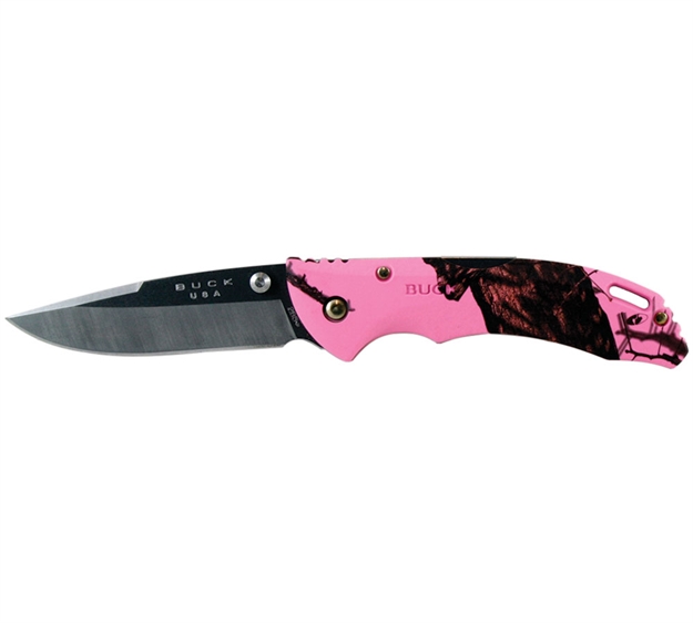 Picture of Buck Knives Bantam Blw Lockback Folding Pocket Knife, 3 1/8"" SS Drop-Point Blade, Mossy Oak Pink Blaze Camo Handle