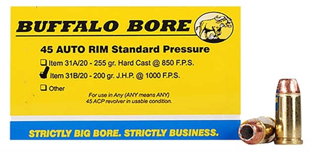 Picture of Buffalo Bore Ammunition 31B20 Standard Pressure Strictly Business 45Auto Rim 200Gr Jacket Hollow Point 20 Per Box/12 Case 31B/20 651815031026