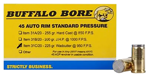 Picture of Buffalo Bore Ammunition 31C20 Standard Pressure Strictly Business 45Auto Rim 225Gr Wadcutter 20 Per Box/12 Case 31C/20 651815031033