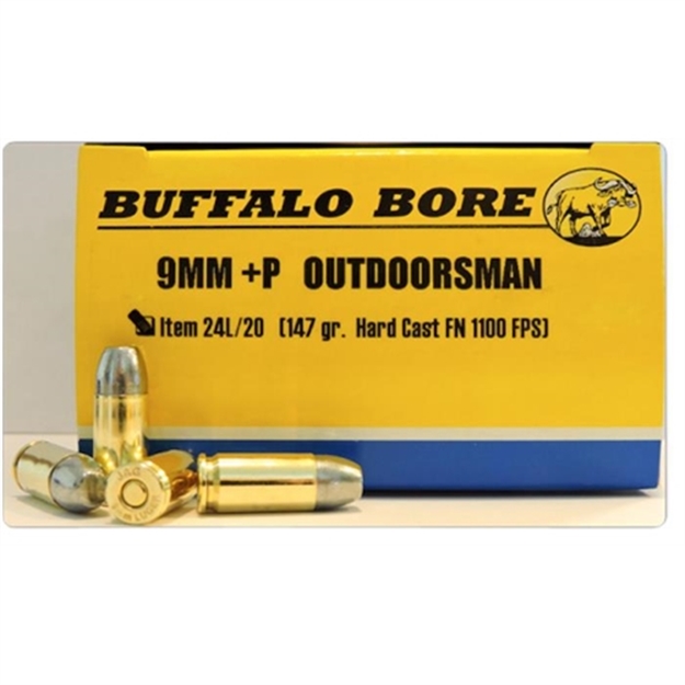 Picture of Buffalo Bore Ammunition 24L20 Outdoorsman Strictly Business 9Mmluger 147Gr Hard Cast Flat Nose 20 Per Box/12 Case 24L/20 651815024141