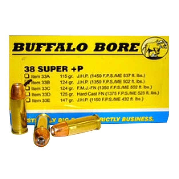 Picture of Buffalo Bore Ammunition 33B20 Personal Defense Strictly Business 38Super +P 124Gr Jacket Hollow Point 20 Per Box/12 Case 33B/20 651815033020