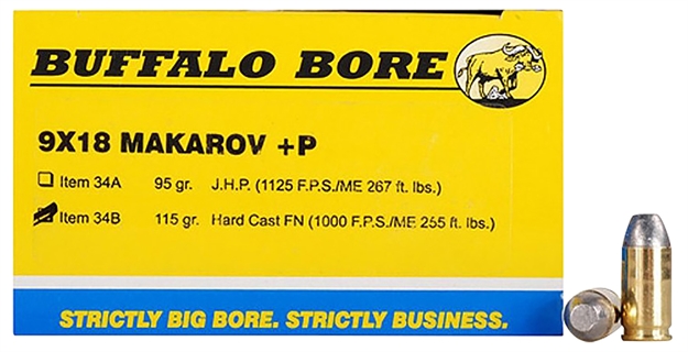 Picture of Buffalo Bore Ammunition 34B20 Personal Defense Strictly Business 9X18makarov +P 115Gr Hard Cast Flat Nose 20 Per Box/12 Case 34B/20 651815034027