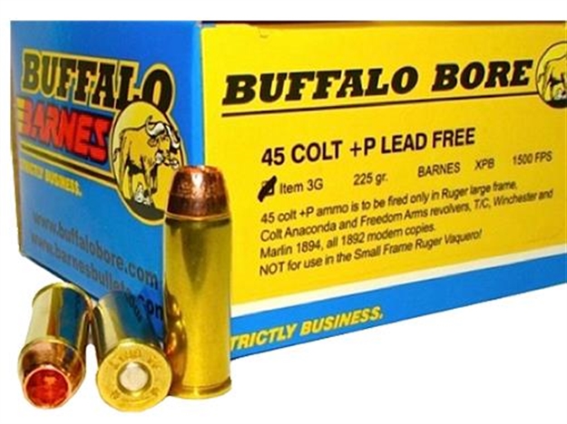 Picture of Buffalo Bore Ammunition 3G20 Buffalo-Barnes Strictly Business 45Colt +P 225Gr Barnes Vor-Tx Xpb Lead Free 20 Per Box/12 Case 3G/20 651815003276