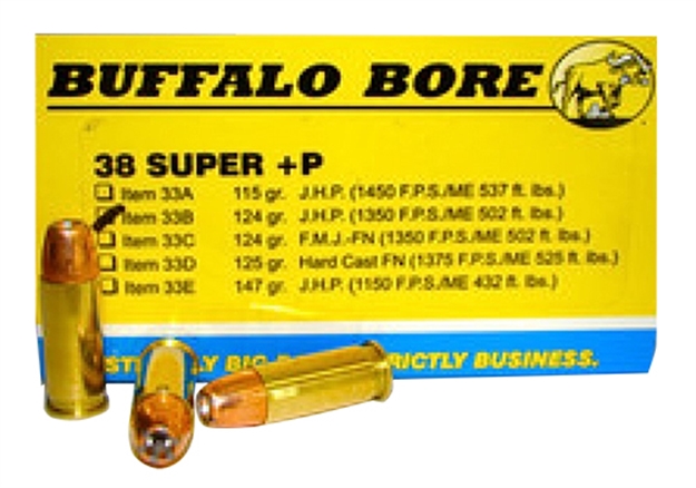 Picture of Buffalo Bore Ammunition 33B20 Personal Defense Strictly Business 38Super +P 124Gr Jacket Hollow Point 20 Per Box/12 Case 33B/20