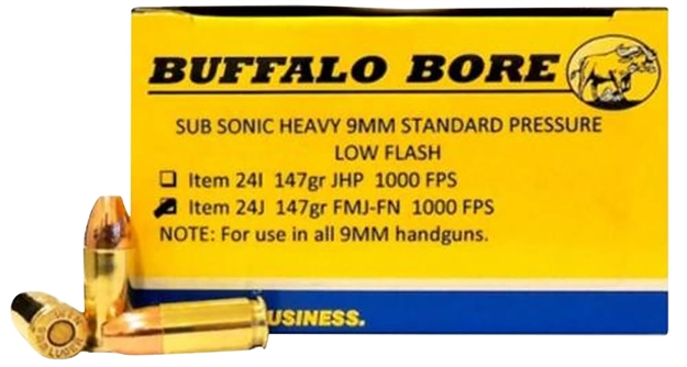 Picture of Buffalo Bore Ammunition 24J20 Subsonic Strictly Business 9Mmluger 147Gr Full Metal Jacket Flat Nose 20 Per Box/12 Case 24J/20 651815024103