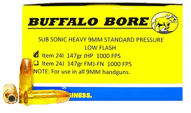 Picture of Buffalo Bore Ammunition 24I20 Subsonic Strictly Business 9Mmluger Subsonic 147Gr Jacketed Hollow Point 20 Per Box/12 Case 24I/20 651815024097