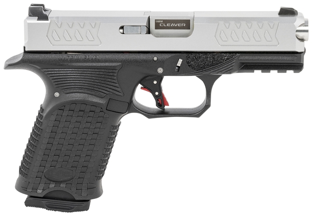 Picture of  Bul Armory Axecclevslv9us Axe Cleaver Compact 9Mm Luger 15+1, 4.02" Stainless Steel Barrel, Silver Serrated Stainless Steel Slide, Black Polymer Frame W/Beavertail & Picatinny Rail,  Ambidextrous