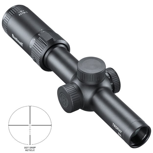 Picture of  Bushnell Rt1624bs15 Trophy Quick Acquisition Black 1-6X 24Mm 30Mm Tube 0.5 Moa Illuminated Dot Drop Reticle 029757007612