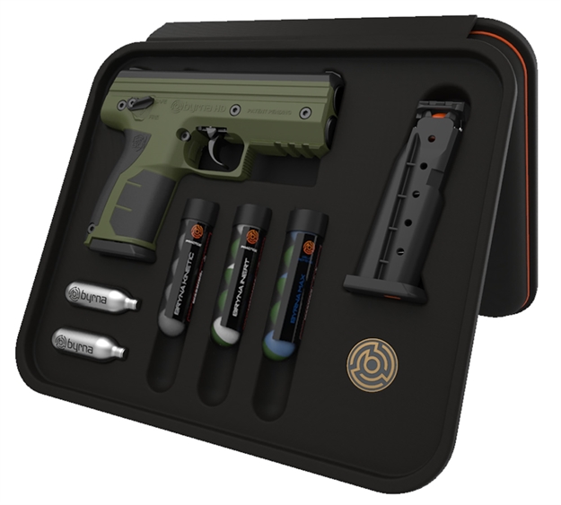 Picture of Byrna Technologies Bk68300_Green Home Defense Personal Pepper Spray Co2 68 Cal 5Rd OD Green Frame Black Rubber Overmolded Grip