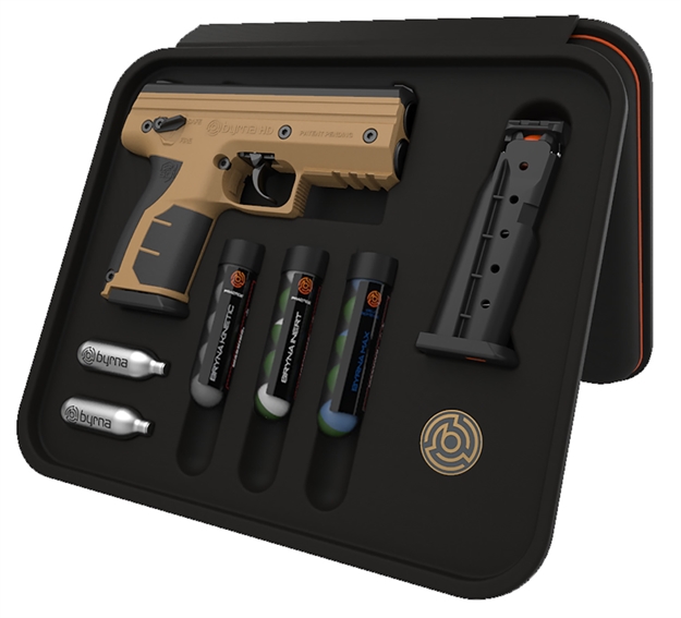 Picture of Byrna Technologies Bk68300tan Home Defense Personal Pepper Spray Co2 68 Cal 5Rd Desert Tan Frame Black Rubber Overmolded Grip