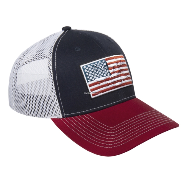 Picture of Calcutta 6 Panel Mesh Cap, Red Brim, Blue Crwon, Embossed Skull ON Flag, Adj Plastic Clousre