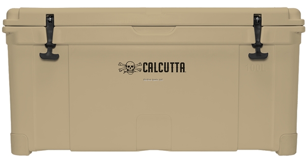Picture of Calcutta Renegade Cooler 100 Liter Tan W/Removeable Tray, Divider  & Led Drain Plug, Ez-Lift Rope Handles, 38.6"Lx19"Wx19.1"H