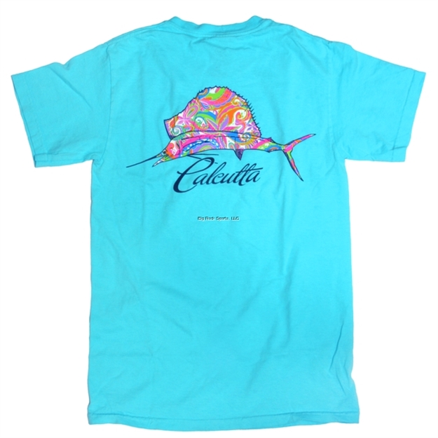 Picture of Calcutta T-Shirt, Sailfish Pattern Lagoon Blue Short Sleeve, Comfort Color Large