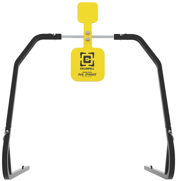 Picture of  Caldwell 1196226 Daul Spinner  Yellow Ar500 Steel 3/8" Thick Standing Target Includes 5" & 8" Plates