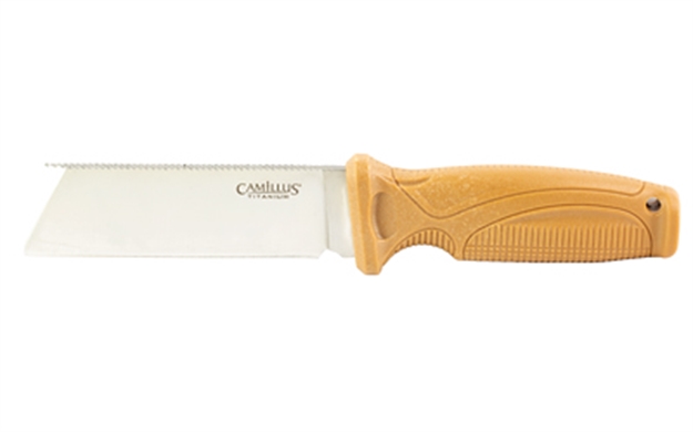 Picture of  Camillus 19627 Swedge  4.30" Fixed Plain Silver 420 Steel Titanium Bonded Blade, Textured Tan Abs Handle, Includes Sheath