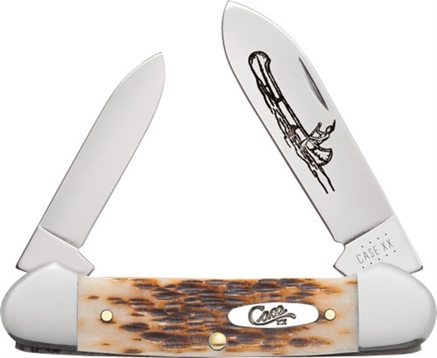 Picture of  Case 00263 Canoe  2.60"/1.97" Folding Spear/Pen Plain Mirror Polished Chrome Vanadium Steel Blade/Peach Seed Jigged Amber Bone Handle
