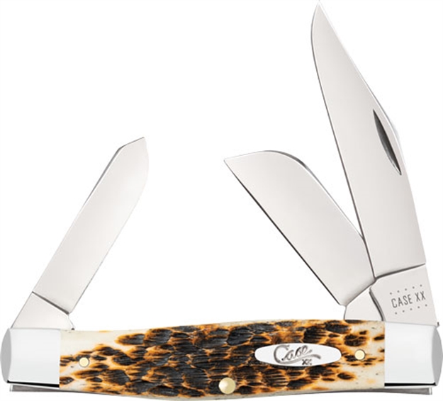 Picture of  Case 00204 Stockman  Large 3.30"/2.30"/2.20" Folding Clip Point/Pen/Sheepsfoot Plain Mirror Polished Carbon Steel Blade, Peach Seed Jigged Amber Bone Handle