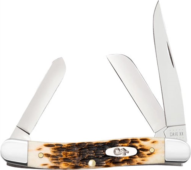 Picture of  Case 00042 Stockman  Medium 2.57"/1.88"/1.71" Folding Clip Point/Sheepsfoot/Spey Plain Mirror Polished Tru-Sharp SS Blade Peach Seed Jigged Amber Bone Handle