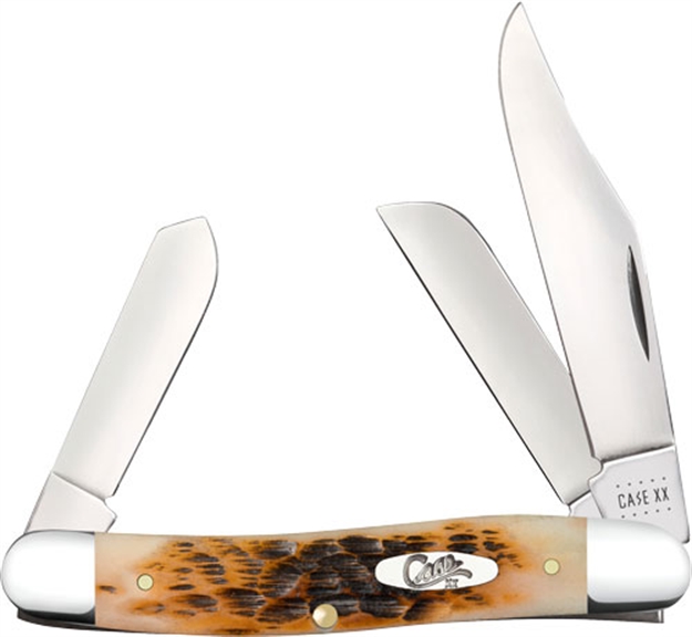 Picture of  Case 00128 Stockman  Medium 2.92"/2.15"/1.90" Folding Clip/Sheepsfoot/Spey Plain Mirror Polished Tru-Sharp SS Blade/Peach Seed Jigged Amber Bone Handle