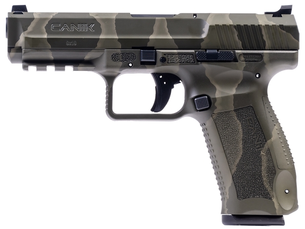 Picture of  Canik Hg4865rgn Tp9sf  Full Size 9Mm Luger 18+1 4.46" Black Nitride Match Grade Barrel, Reptile Green Serrated Steel Slide & Polymer Frame W/Picatinny Rail, Black Interchangeable Backstrap Grip