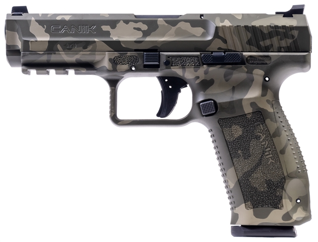Picture of  Canik Hg4865wgn Tp9sf  Full Size Frame 9Mm Luger 18+1 4.46" Black Nitride Match Grade Barrel, Woodland Camo Serrated Steel Slide & Polymer Frame W/Picatinny Rail, Black Interchangeable Backstrap Grip 787450879270