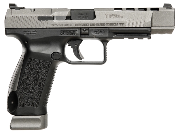 Picture of Canik Hg3774gn Tp9sfx  9Mm Luger 20+1, 5.20" Black Nitride Match Grade Barrel, Tungsten Gray Cerakote Optic Ready/Serrated W/Ports Steel Slide, Black Polymer Frame W/Picatinny Rail, Ambidextrous HG3774G-N