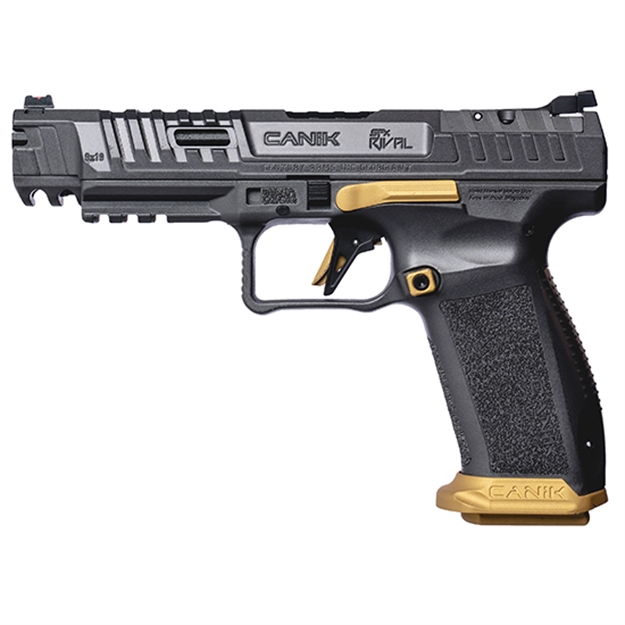 Picture of Canik Hg6610tn Sfx Rival Full Size 9Mm Luger 18+1, 5" Black Steel Barrel, Rival Gray Ported/Serrated Slide, Rival Gray W/Gold Accents Polymer Frame W/Beavertail & Picatinny Rail, Ambidextrous HG6610T-N 787450766334
