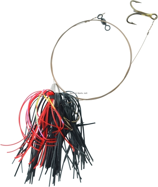 Picture of C&H King Buster Kingfish Pro-Rig, 1/8 OZ Head, Black/Red Mylar Skirt, Two #4 4X Treble Hooks, Camo Brown Wire, 3 FT