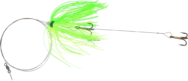 Picture of C&H King Buster Kingfish Pro-Rig, 1/8 OZ Head, Fluor Green/Charteuse Skirt, Two #4 4X Treble Hooks, Camo Brown Wire, 3 FT
