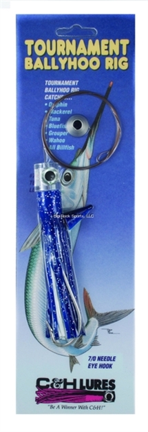 Picture of C&H Lil Stubby Ballyhoo Rig, Blue/White Skirt, 7/0 Hook, #7 Afw Tooth Proof Leader Wire 69 LB Test, Camo Brown, 3 FT