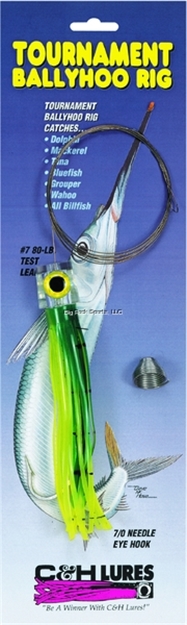 Picture of C&H Lil Stubby Ballyhoo Rig, Dolphin/Yellow Skirt, 7/0 Hook, #7 Afw Tooth Proof Leader Wire 69 LB Test, Camo Brown, 3 FT