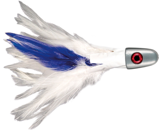 Picture of C&H NO Alibi, Trolling Feather Lure, White/Blue Skirt, 1/4 OZ (7.08 G) Head, 25 PC