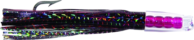 Picture of C&H Rattle Jet Trolling Lure Rigged & Ready, Black/Purple Mylar Skirt, 7/0 Hook, 100 LB Mono, 6 FT