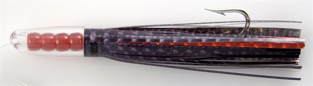 Picture of C&H Rattle Jet Trolling Lure Rigged & Ready, Black/Red Mylar Skirt, 7/0 Hook, 100 LB Mono, 6 FT