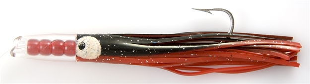 Picture of C&H Rattle Jet Trolling Lure Rigged & Ready, Black/Red Skirt, 7/0 Hook, 100 LB Mono, 6 FT