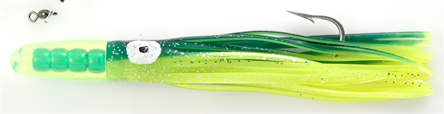 Picture of C&H Rattle Jet Trolling Lure Rigged & Ready, Blue/Chartreuse Skirt, 7/0 Hook, 100 LB Mono, 6 FT