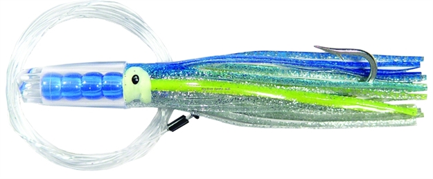 Picture of C&H Rattle Jet Trolling Lure Rigged & Ready, Blue/Silver Skirt, 7/0 Hook, 100 LB Mono, 6 FT