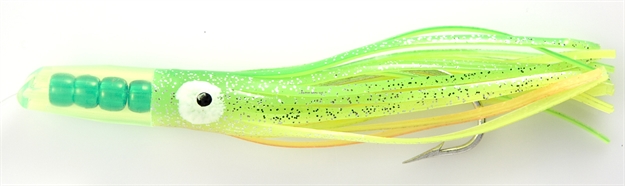 Picture of C&H Rattle Jet Trolling Lure Rigged & Ready, Green/Chartrse Skirt, 7/0 Hook, 100 LB Mono, 6 FT