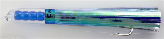 Picture of C&H Rattle Jet Trolling Lure Rigged & Ready, Pearl/Blue Mylar Skirt, 7/0 Hook, 100 LB Mono, 6 FT