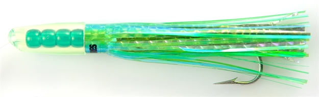 Picture of C&H Rattle Jet Trolling Lure Rigged & Ready, Pearlgreen/Silver Mylar Skirt, 7/0 Hook, 100 LB Mono, 6 FT