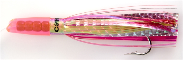 Picture of C&H Rattle Jet Trolling Lure Rigged & Ready, Pearlpink/Silver Mylar Skirt, 7/0 Hook, 100 LB Mono, 6 FT