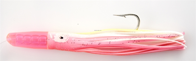 Picture of C&H Rattle Jet Trolling Lure Rigged & Ready, Pink/White Skirt, 7/0 Hook, 100 LB Mono, 6 FT
