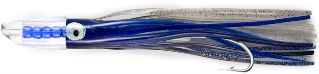 Picture of C&H Rattle Jet XL Trolling Lure Rigged & Ready, Blue/Silver/White Skirt, 8/0 Hook, 130 LB Mono, 6 FT