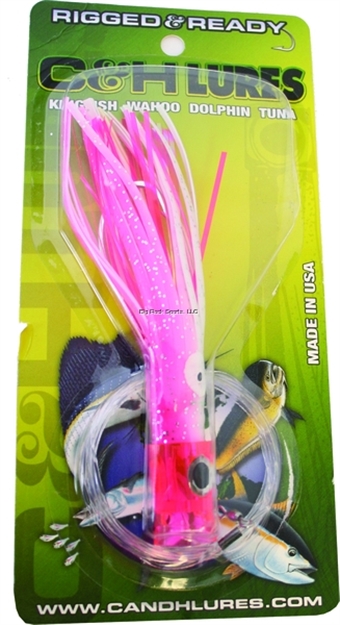 Picture of C&H Stubby Bubbler Rigged & Ready, Pink/White/Mylar Skirt, 7/0 Hook, 100 LB Mono, 6 FT