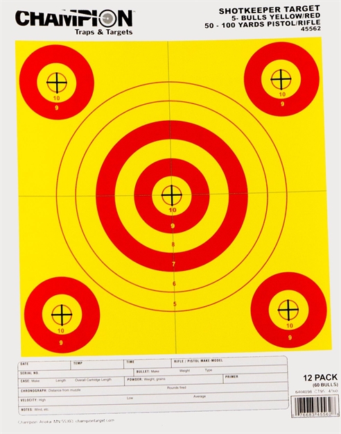 Picture of Champion Traps & Targets Shotkeeper 5 Small Bullseye Target, Yellow/Red Bull, 8.5"X11", 12Pk 45562 076683455628