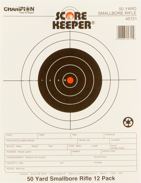 Picture of  Champion Targets 45721 Score Keeper  Bullseye Paper 50 Yds Small Bore Rifle 8.50" X 11" Black/Orange 12 PK